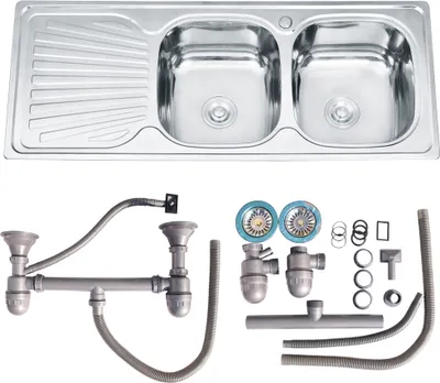 Immagine prodotto di Lavello da incasso in acciaio inox 120x50 cm vasca rotonda destra, ripiano sinistro e sifone