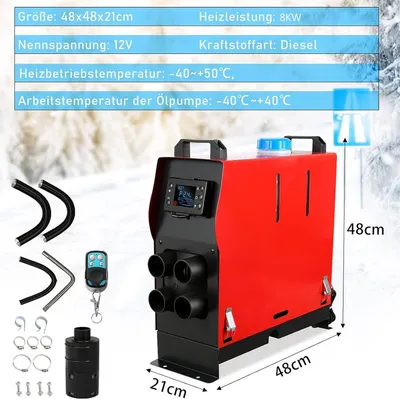 Obrázok produktu pre Vigevee, dieselový stojanový ohrievač 8 kW, 12 V, kompletné zariadenie, 5-litrová nádrž, LCD displej a diaľkové ovládanie, rýchly ohrev vzduchu, vhodný pre obytné prívesy, nákladné automobily, karavany, zimné mesiace