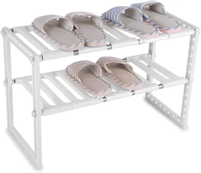 Produktbild von Stapelbares Schuhregal mit 2 Ablagen und verstellbarem Teleskopschuh, platzsparende Aufbewahrungslösung für Zuhause, 53 x 26 x 38 cm