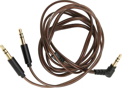 A coiled audio cable with multiple connectors against a white background.