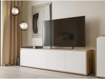 Immagine prodotto di Mobile TV - SKELPE - Bianco opaco e rovere - 4 ante - 188,3 x 42 x 49,7 cm