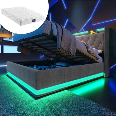 Produktbild von MODFU Boxspringbett Hydraulisches 160 x 200 cm mit LED-Beleuchtung(Drucktaste/App/Fernbedienung.), Polsterbett Funktionelles mit USB&Typ-C-Ladeanschluss, Doppelbett Stauraumbett mit Bettkasten Stauraum, Leinen Grau(Mit Matratze)