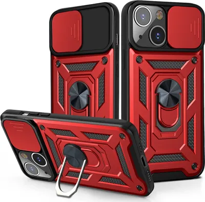 Produktbild von iPhone 14 Hülle mit 360° Drehbarer Magnetische Ring Ständer Halter Dia Kameraschutz TPU Bumper Silikon Schutzhülle für iPhone 14 Rot