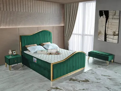 Produktbild von Schlafzimmer-Set "Alia" – Bett mit Bettkasten und Matratze , Bettbank, Nachttisch-Grün