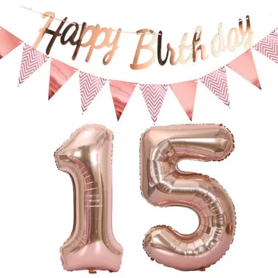 Productafbeelding van Verjaardagsdecoratieset voor een 15e verjaardag, roze goud, met slinger en cijferballon van 40 inch