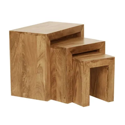 Produktbild von 3er Set Satztisch Massiv-Holz Akazie Wohnzimmer-Tisch Landhaus-Stil Beistelltisch dunkel-braun Naturholz B/H/T ca. 45/50/30cm