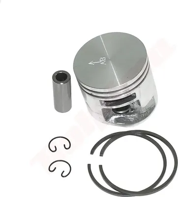 A piston, piston pin, and piston rings are laid out on a white background.