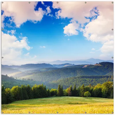 Produktbild von Wallario XXL Outdoor-Poster für Garten oder Balkon, Motiv Berglandschaft im Gebirge unter blauem Himmel, in ca. 200 x 200 cm