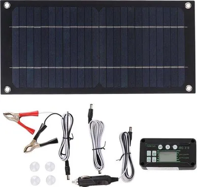 Obrázek produktu pro Sada solárního nabíječe s monokrystalickým křemíkovým panelem 600 W – regulátor nabíjení 100 A – prodlužovací kabel – svorky na baterii pro kempování a venkovní použití.