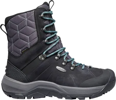 A single black winter boot with teal laces is shown against a white background.