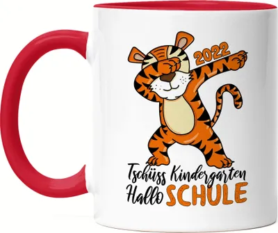 Produktbild von Tschüss Kindergarten Hallo Schule 2022 Tasse Rot Einschulung 1. Klasse Tiger Dab Geschenkidee