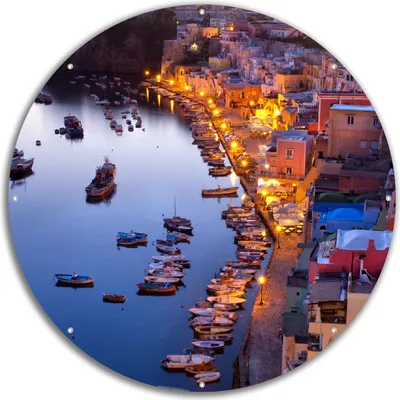 Produktbild von Wallario rundes Outdoor-Poster für Garten oder Balkon, Motiv Hafen bei Nacht - Italien hell erleuchtet, 60 cm Durchmesser