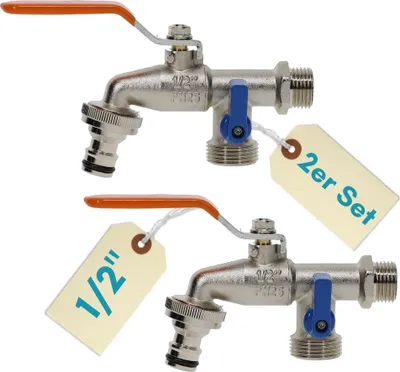 Produktbild von 2er Set Garten Wasserhahn Kugelhahn 1/2" Doppelanschluss Außen 1/2 Zoll Doppel Wasserhahn Außenwasserhahn Doppelwasserhahn mit Schlauchanschluss