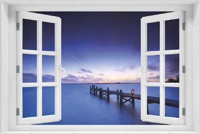 Produktbild von Wallario Wandbild mit Fenster-Illusion: Steg bei Abenddämmerung - Blauer Himmel bei Nacht, Größe: 61 x 91,5 cm, Poster mit rahmenlosen Bildhalter