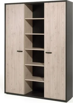 Image de Meuble de rangement pour bureau avec 2 portes et des étagères, dans des tons chêne clair et noir
