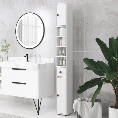 Immagine prodotto di Mobiletto da bagno, 4 ripiani, cassetto, truciolare, design sottile, bianco