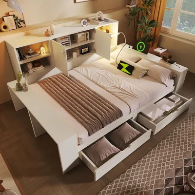 Produktbild von Merax Tagesbett Stauraumbett 140x200 mit Schubladen und Stauraum, Kinderbett mit USB und Type-C, Doppelbett Jugendbett mit Doppeltüren, Weiß