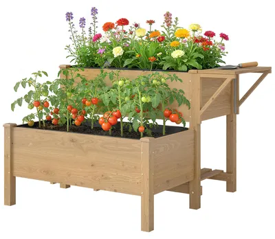 Produktbild von Pflanzkübel erhöht, Hochbeet Holz 2-stufig mit Ablage, Tannenholz, Hellbraun  |  ergonomische Gartenhöhe  |  95,3 L  |  119,5 x 102 x 76,5 cm