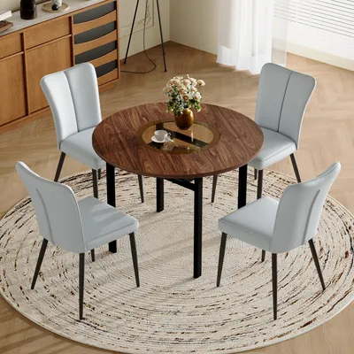 Image de Ensemble de salle à manger rond, moderne et minimaliste (avec 4 chaises enPolyuréthanegris clair), table ronde de 100 cm de diamètre aspect bois, idéale pour la salle à manger et la cuisine.