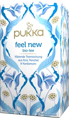 A box of Pukka Feel New bio-tea with floral and leaf patterns.