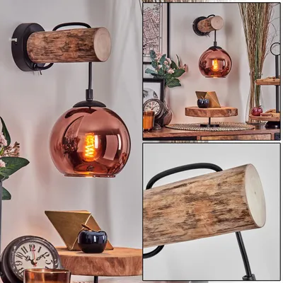Produktbild von Cesaro Wandlampe aus Holz/Metall/Glas in Schwarz/Natur/Kupferfarben
