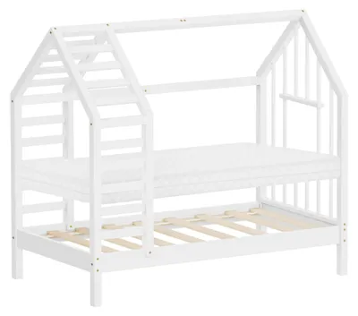 Zdjęcie produktu dla Łóżeczko dziecięce ML-Design, 70x140 cm, białe, z materacem i listwami, łóżko-domek z daszkiem, rama łóżka wykonana z drewna sosnowego, łóżko drewniane Montessori dla dziewczynek i chłopców