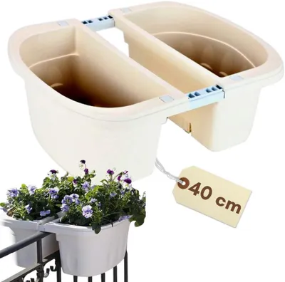 Produktbild von Balkon-Blumenkasten, beidseitiger Balkonkasten mit Halterung und Wasserspeicher, Pflanzkasten für Geländer ohne Bohren, weiß, 40 cm