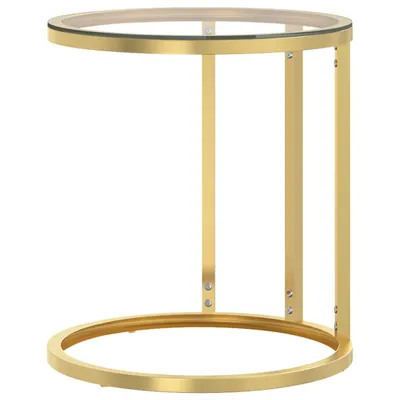 A gold and transparent side table on a white background.