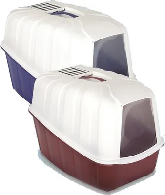 Two covered cat litter boxes, one blue and one red, are shown against a white background.