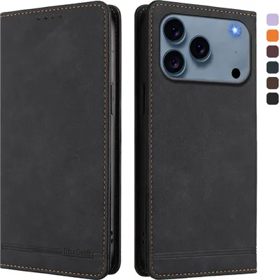 Produktbild von Hülle für iPhone 17 Pro Max, Retro Kunstleder Ständer Klapphülle mit Kartenfächer und Magnetische Schwarz