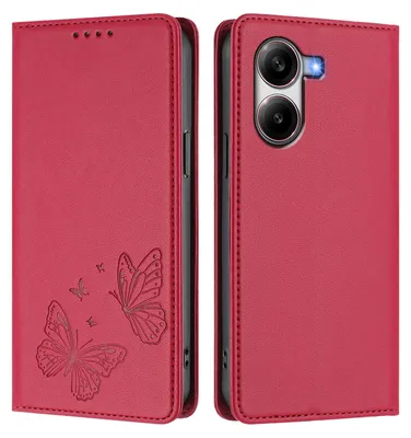 Image de Étui en cuir pour Xiaomi Poco X7 Pro, motif papillon, étui à rabat avec porte-appareil, rouge