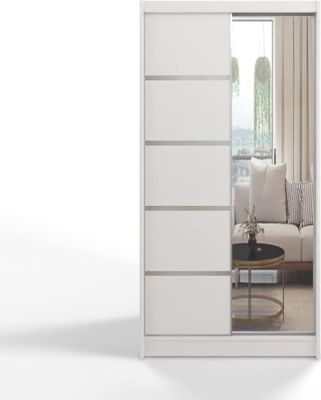 ML Furniture D3 Schiebetüren Kleiderschrank 100 cm mit Spiegel - Schlafzimmermöbel, Aufbewahrung - Mehrzweckschrank - Farbe: Weiß