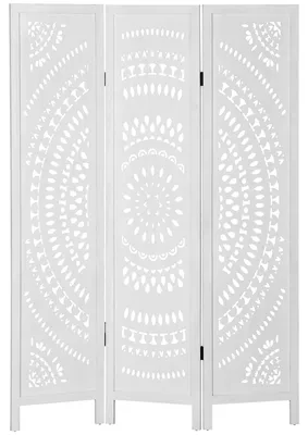 Obrázok produktu pre Paravent z dreva – 3-dielny, skladací rozdeľovač miestnosti – s dreveným rezbovaním – ochrana pred pohľadom – 120 x 170 cm – biela farba