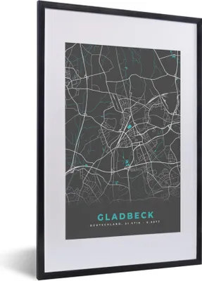 Produktbild von MuchoWow® Gerahmtes Poster Blau - Deutschland - Karte - Stadtplan - Gladbeck 40x60 cm - Poster mit Schwarzem Bilderrahmen Wandposter Rahmen Foto Bilder - Poster in Rahmen