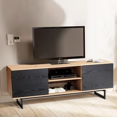 Produktbild von WOHNLING Lowboard Eiche-Nachbildung Schwarz 150x55x40 cm TV-Kommode Modern TV-Schrank Hoch Fernsehtisch Fernsehschrank mit zwei Türen Fernsehkommode