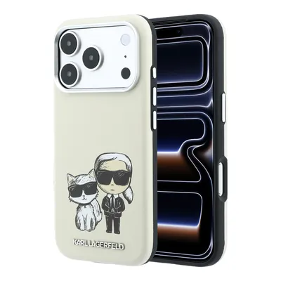 Immagine prodotto di Custodia per iPhone 18 Pro Max, marca Karl Lagerfeld, con tecnologia MagSafe, realizzata in ecopelle beige, con logo metallico a forma di gatto Choupette