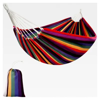Produktbild von Hängematte für den Außenbereich aus Baumwolle mit Tragetasche, belastbar bis 180 kg, 290 x 150 cm, mehrfarbig