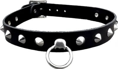 Produktbild von Lederhalsband mit Spitznieten 1-reihig - O-Ring - Choker - Gothic Punk Halsband aus Leder schwarz