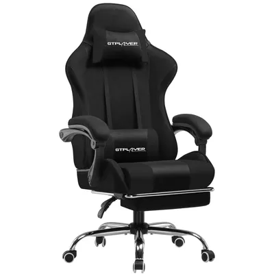 A black gaming chair with a headrest and lumbar pillow, shown from the front on a white background.