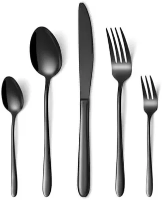 Produktbild von Besteck Set Schwarz, 30 Teilig Edelstahl Besteckset für 6 Personen, Essbesteck Set mit Abendessen Messer, Gabeln und Löffeln für Zuhause/Restaurant/Party/Bankett, Rostfrei Spülmaschinenfest