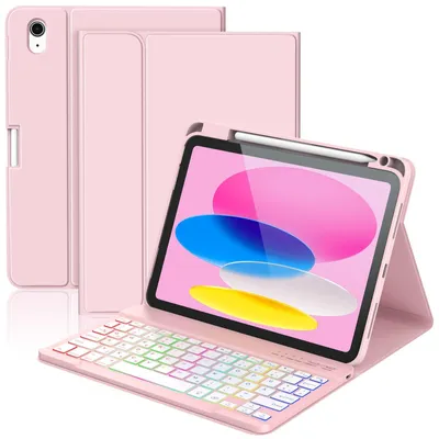 Image de Coque avec clavier pour iPad A16, modèles 11 et 10ème génération, écran de 11 pouces, modèles 2025 et 2022, disponible en 7 couleurs, avec clavier rétroéclairé rose