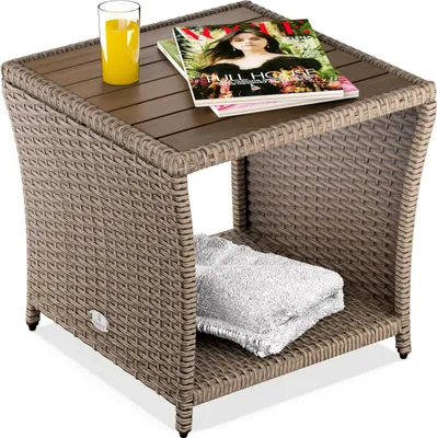 Produktbild von CASARIA® Beistelltisch Wetterfest Klein Holz Polyrattan Akazie 45x45x40cm 80kg Belastbarkeit Outdoor Tisch Gartentisch Balkontisch Gartenmöbel, Farbe:Creme