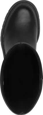 A top-down view of a black boot.