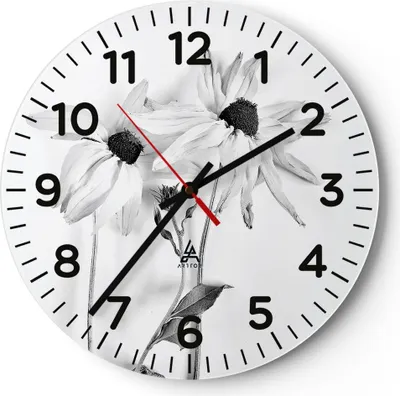 Produktbild von Wanduhr - Rund - Glasuhr - Verwelkt Blumen Monochrom - 40x40cm - Schleichendes Uhrwerk - Lautlos - zum Aufhängen bereit - Dekoration Modern - Wanddekoration aus Glas - C4AR40x40-4737