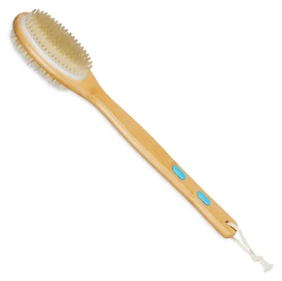 Image de Brosse pour le dos, brosse de douche double face, long manche (44 cm), avec patins antidérapants, pour la douche, naturel/blanc