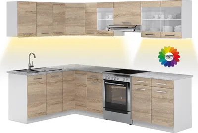 Zdjęcie produktu dla Kuchnia narożna Vicco Rick Sonoma/Biały 267 x 167 cm, BP Marmur z taśmą LED, Model 51952