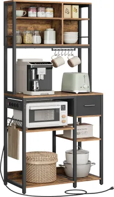 A kitchen baker's rack with various kitchen appliances and containers.