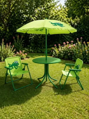 Produktbild von Muntel Kinder-Möbelset | 2 Stühle | Tisch | Sonnenschirm | Grün | Frosch