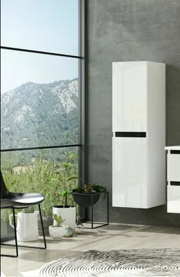 A modern bathroom with a tall white cabinet with black accents, a large window overlooking a mountain landscape, and some potted plants.