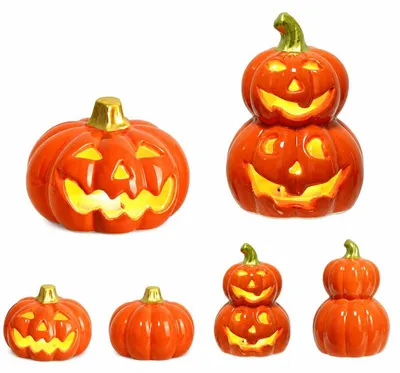 Produktbild von 2er-Set Halloween Keramik Kürbis – LED beleuchtet, gruseliges Gesicht, batteriebetrieben – Tischdeko und Herbstdeko für Partys